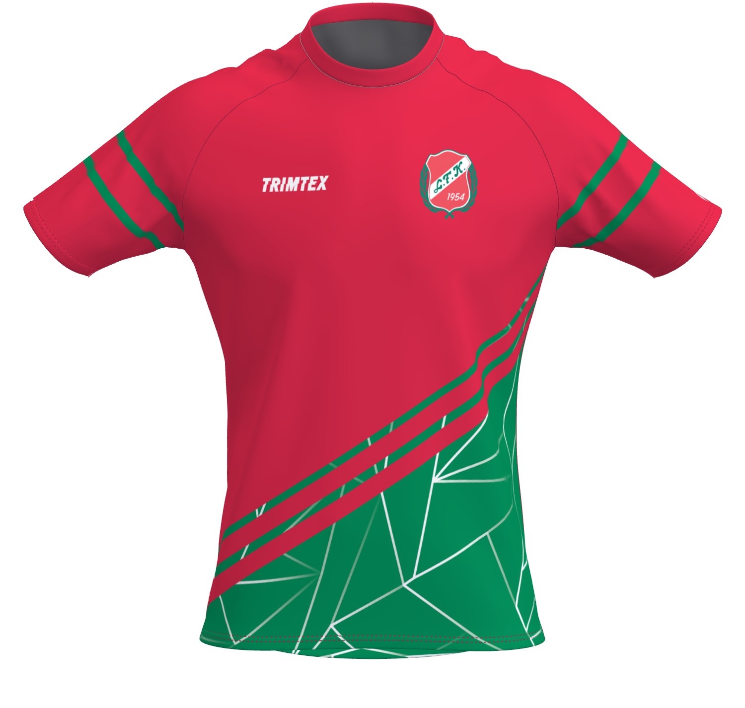 T-shirt framifrån, röd och grön med klubbmärket på bröstet